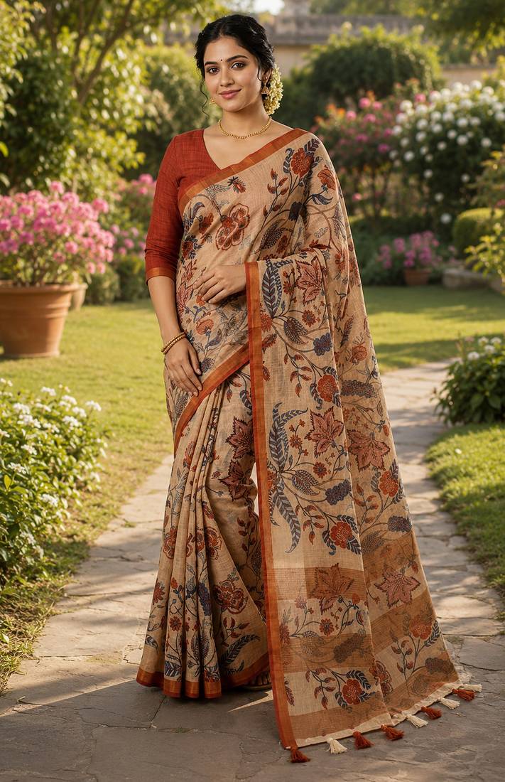 Chiku colour leaf digital printed linen cotton saree with jhalar