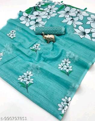 Sky blue colour leaf digital printed linen cotton saree with jhalar 3