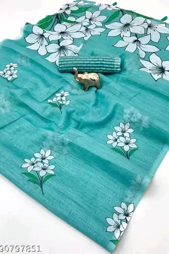 Sky blue colour leaf digital printed linen cotton saree with jhalar