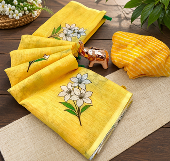 Yellow colour leaf digital printed linen cotton saree with jhalar 2