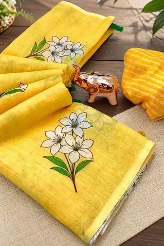 Yellow colour leaf digital printed linen cotton saree with jhalar