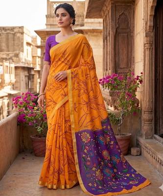 Orange colour leaf digital printed linen cotton saree 3
