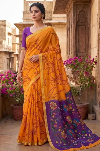 Orange colour leaf digital printed linen cotton saree