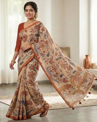 Chiku colour leaf digital printed linen cotton saree with jhalar 2