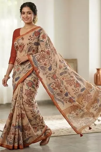 Chiku colour leaf digital printed linen cotton saree with jhalar