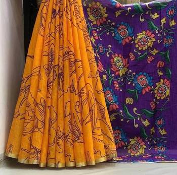 Orange colour leaf digital printed linen cotton saree 4