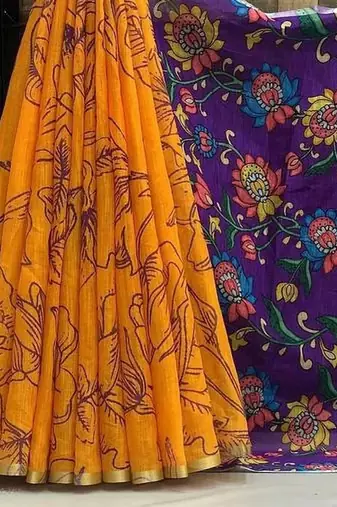 Orange colour leaf digital printed linen cotton saree