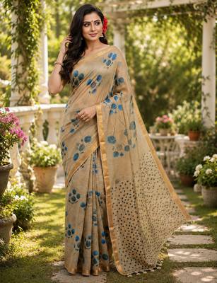 Chiku colour leaf digital printed linen cotton saree with jhalar 1