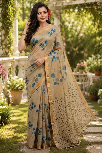 Chiku colour leaf digital printed linen cotton saree with jhalar