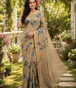 Chiku colour leaf digital printed linen cotton saree with jhalar