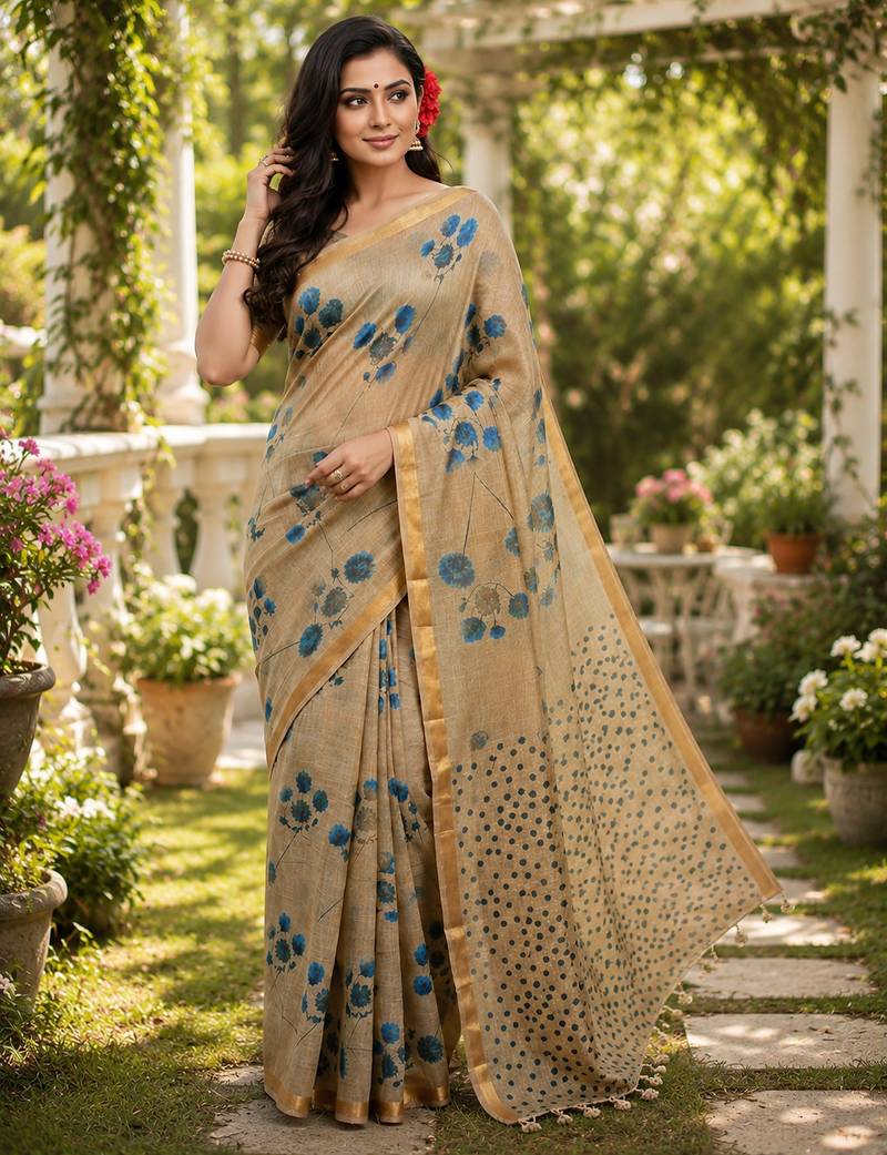 Chiku colour leaf digital printed linen cotton saree with jhalar