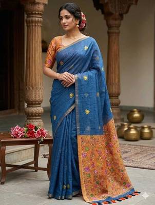 Blue colour leaf digital printed linen cotton saree with jhalar 1