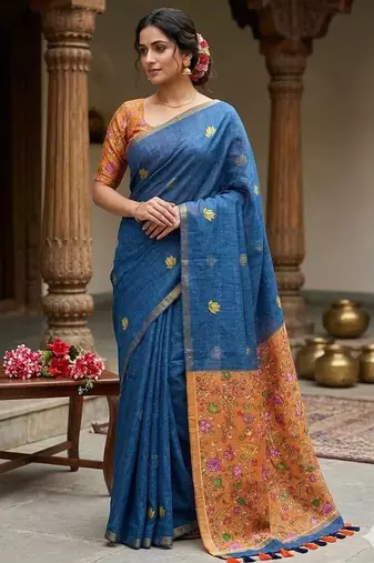 Blue colour leaf digital printed linen cotton saree with jhalar