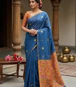 Blue colour leaf digital printed linen cotton saree with jhalar
