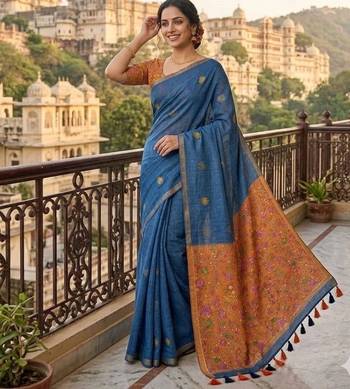 Blue colour leaf digital printed linen cotton saree with jhalar 2
