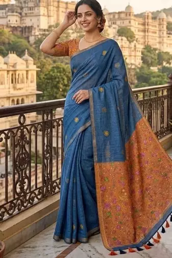 Blue colour leaf digital printed linen cotton saree with jhalar