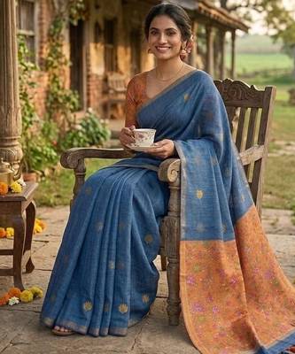 Blue colour leaf digital printed linen cotton saree with jhalar 3