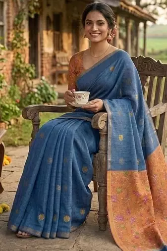 Blue colour leaf digital printed linen cotton saree with jhalar