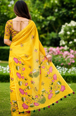 Yellow colour leaf digital printed linen cotton saree 3