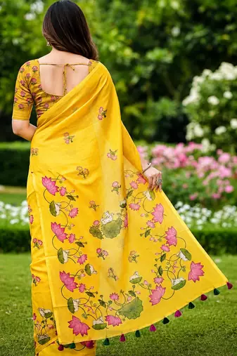 Yellow colour leaf digital printed linen cotton saree