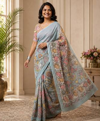 Multicolor leaf digital printed linen cotton saree 3