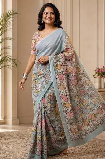 Multicolor leaf digital printed linen cotton saree