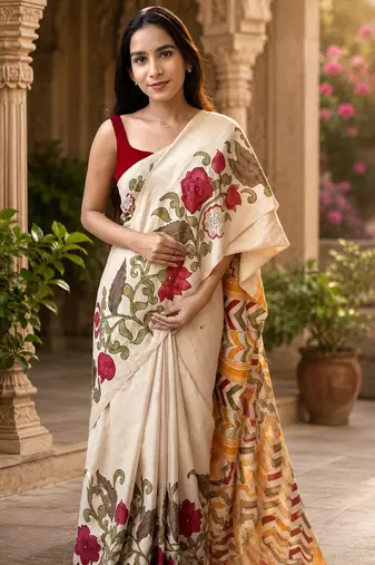 Chiku colour leaf digital printed linen cotton saree