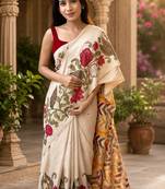 Chiku colour leaf digital printed linen cotton saree