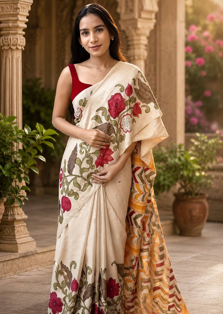 Chiku colour leaf digital printed linen cotton saree