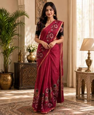 Red colour leaf digital printed linen cotton saree 2