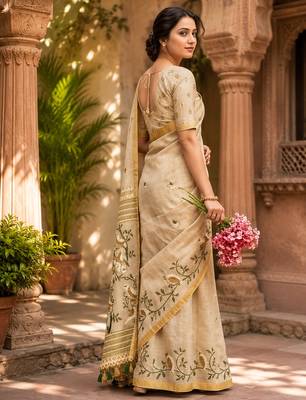 Chiku colour leaf digital printed linen cotton saree with jhalar 2