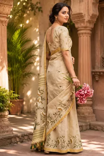 Chiku colour leaf digital printed linen cotton saree with jhalar