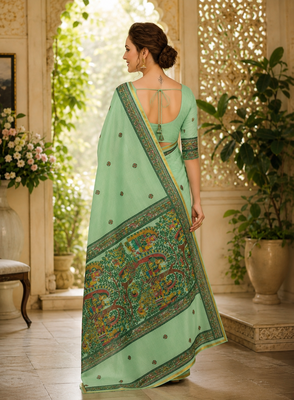 Green colour leaf digital printed linen cotton saree with jhalar 2