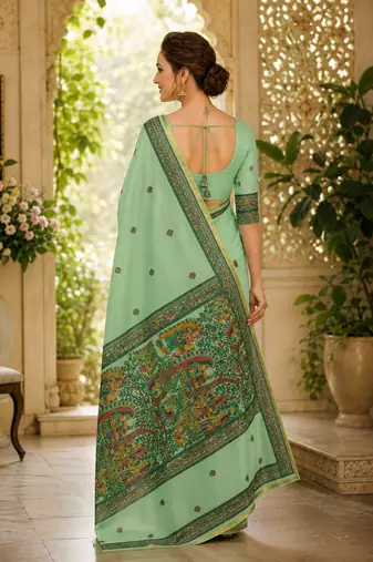 Green colour leaf digital printed linen cotton saree with jhalar