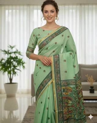 Green colour leaf digital printed linen cotton saree with jhalar 3