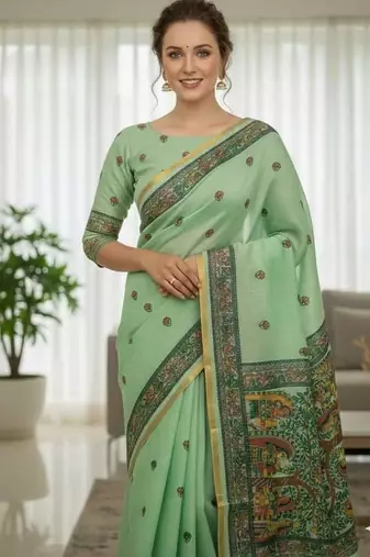 Green colour leaf digital printed linen cotton saree with jhalar