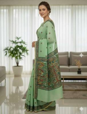 Green colour leaf digital printed linen cotton saree with jhalar 4