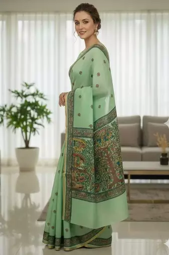 Green colour leaf digital printed linen cotton saree with jhalar