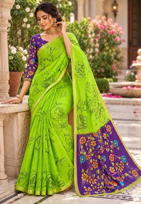 Green colour leaf digital printed linen cotton saree 3