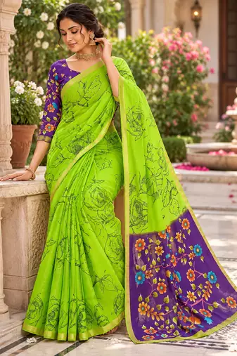 Green colour leaf digital printed linen cotton saree