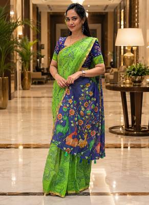 Green colour leaf digital printed linen cotton saree with jhalar 1
