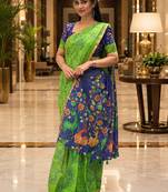 Green colour leaf digital printed linen cotton saree with jhalar