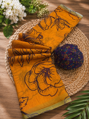 Orange colour leaf digital printed linen cotton saree 5
