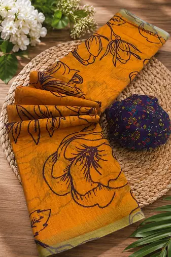 Orange colour leaf digital printed linen cotton saree