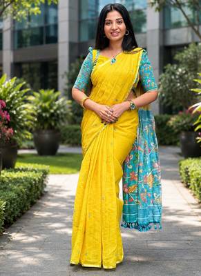 Yellow colour leaf digital printed linen cotton saree with jhalar 1