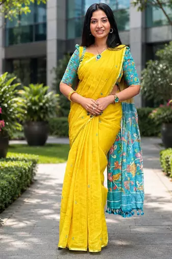 Yellow colour leaf digital printed linen cotton saree with jhalar