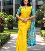 Yellow colour leaf digital printed linen cotton saree with jhalar