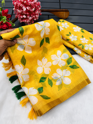 Yellow colour leaf digital printed linen cotton saree with jhalar 3