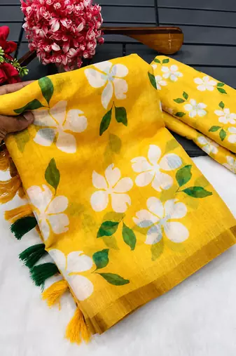 Yellow colour leaf digital printed linen cotton saree with jhalar