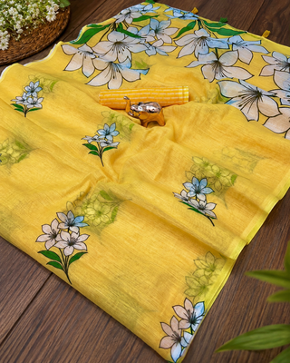 Yellow colour leaf digital printed linen cotton saree with jhalar 3